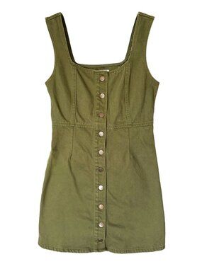 Urban Outfitters Button Through Denim Mini Dress Olive Green 100% Cotton Size M